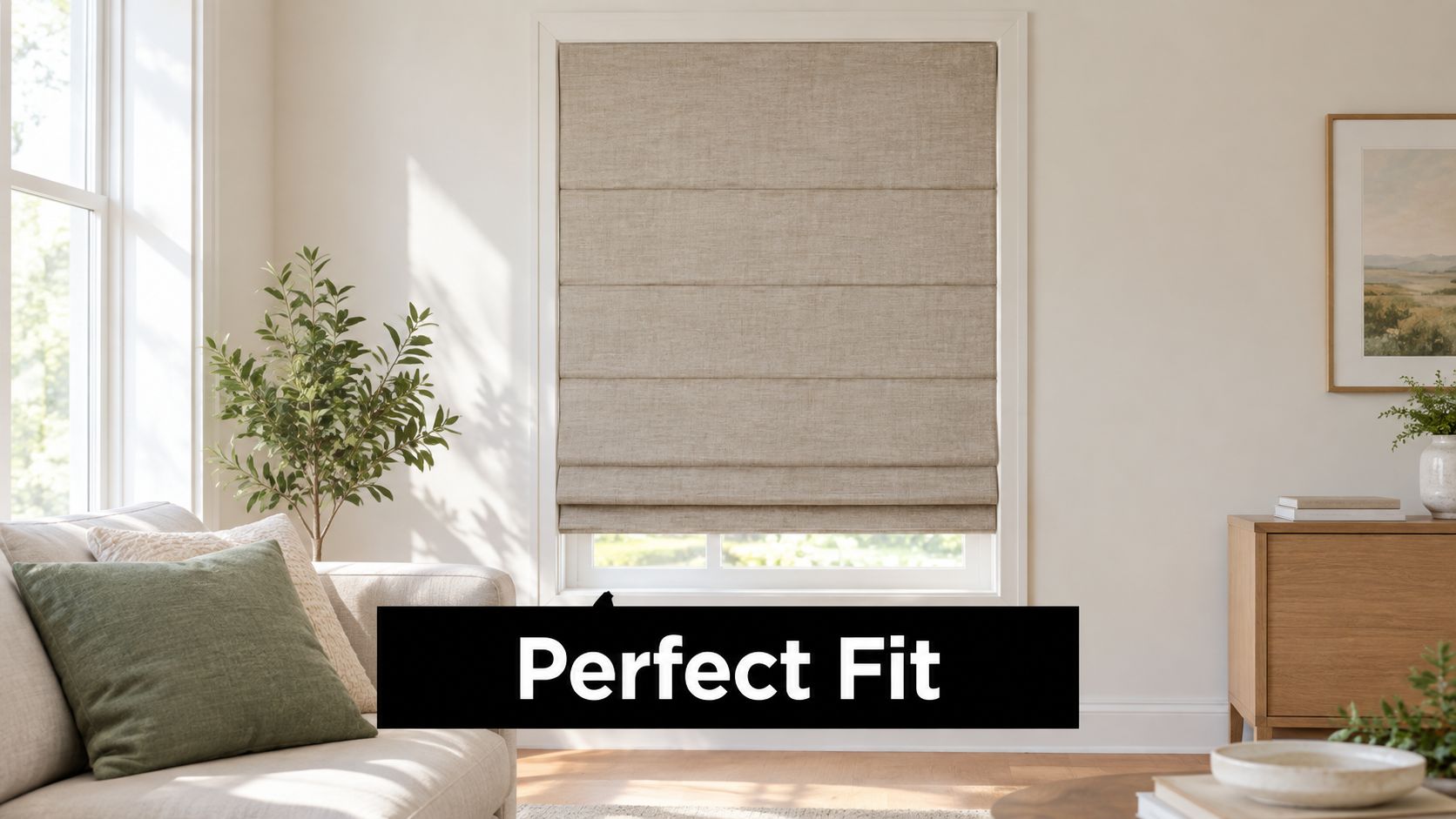 Elegant neutral linen roman shades installed inside a bright window frame in a modern living room.