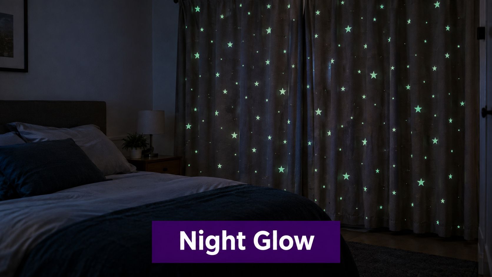 Dark bedroom with glow in the dark star patterned curtains covering a bedroom window at night.