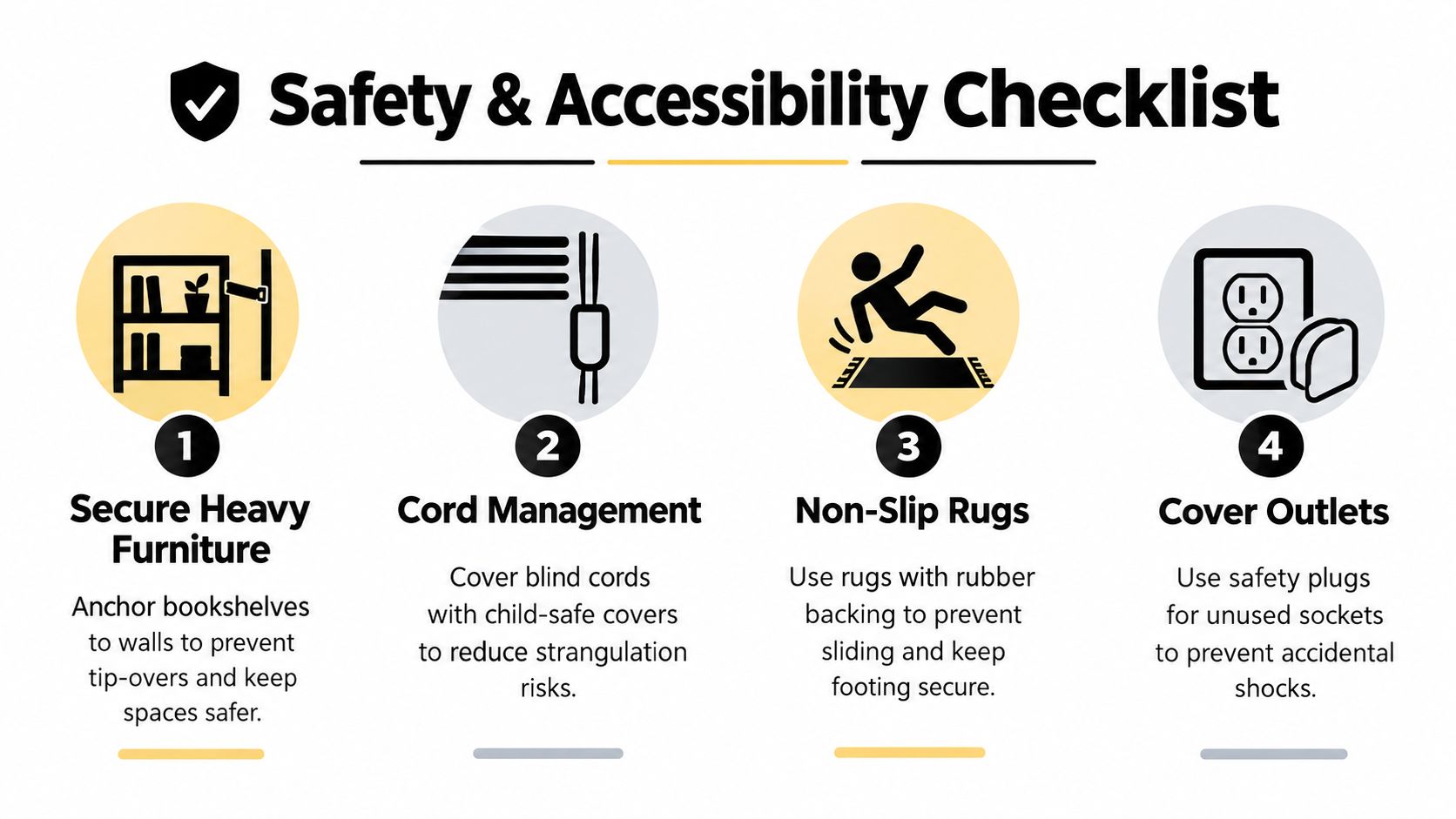A safety and accessibility checklist illustration showing tips for securing furniture, managing cords, using rugs, and covering outlets.
