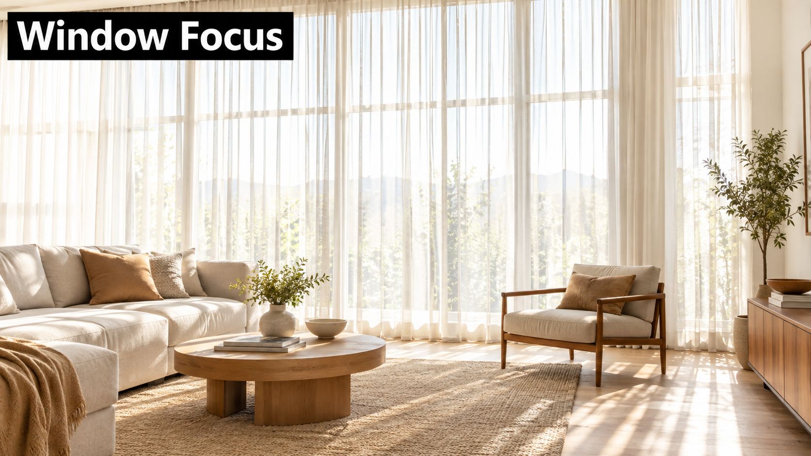 A bright, airy living room featuring neutral furniture, a round wooden coffee table, and large sheer curtains.