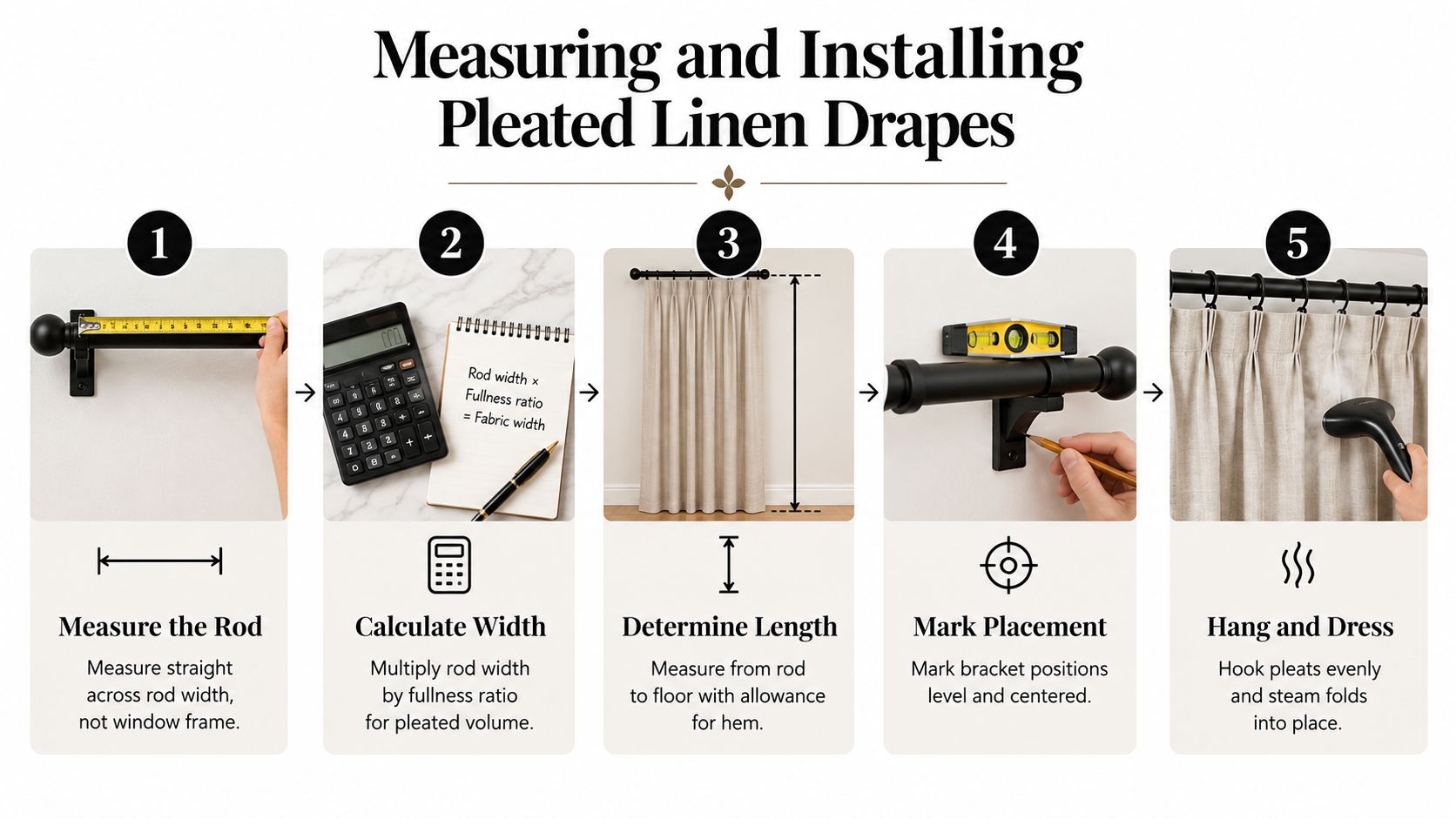 A step-by-step instructional graphic showing how to measure and install pleated linen drapes on a rod.