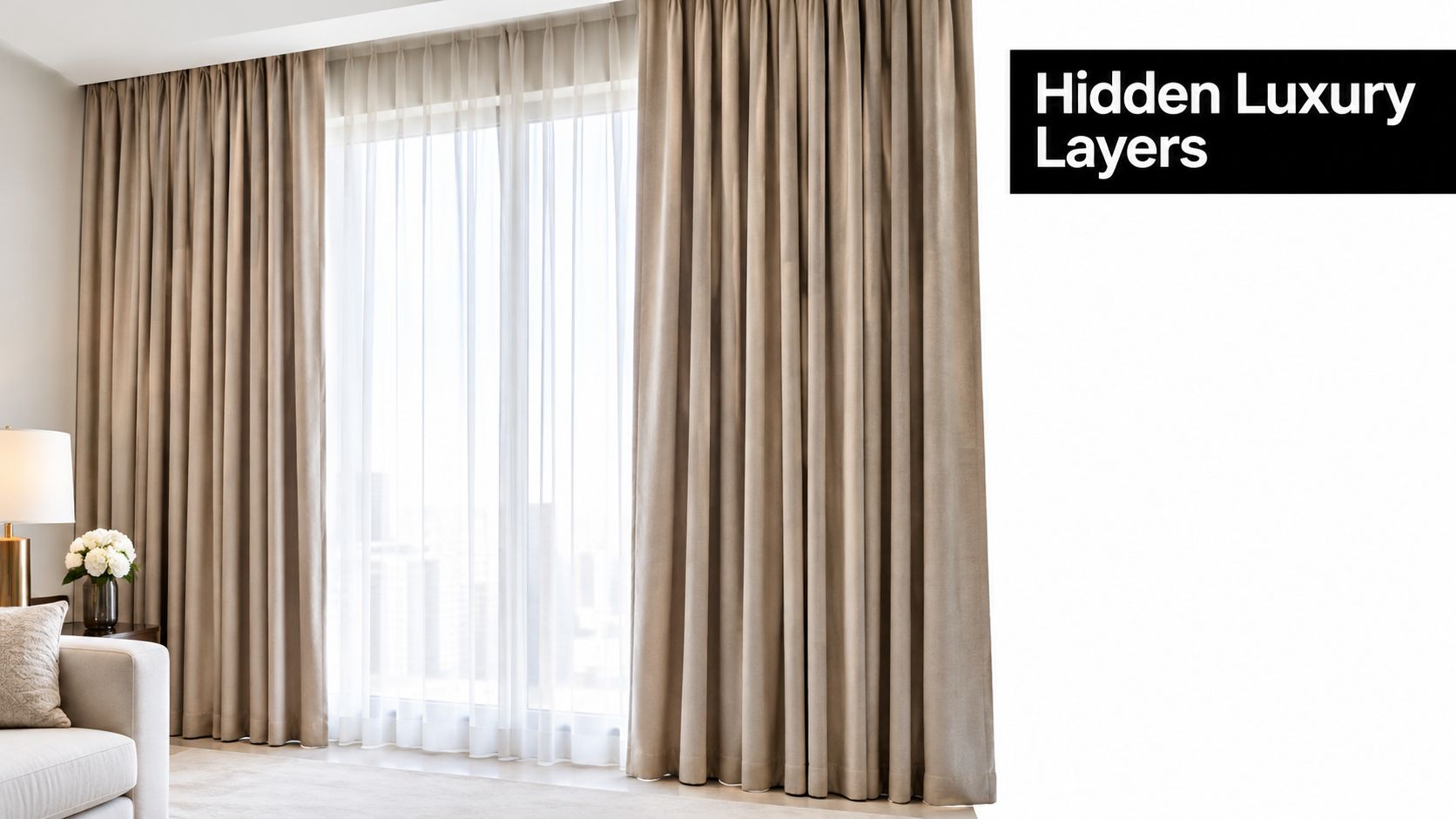 Elegant floor-to-ceiling beige curtains with sheer underlayers installed in a bright, modern living room interior.
