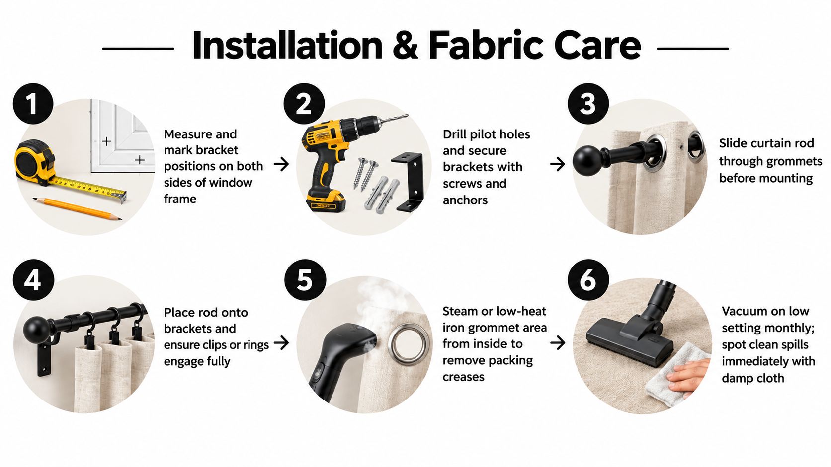 A step-by-step infographic showing installation and maintenance instructions for curtains with grommets on a wall.