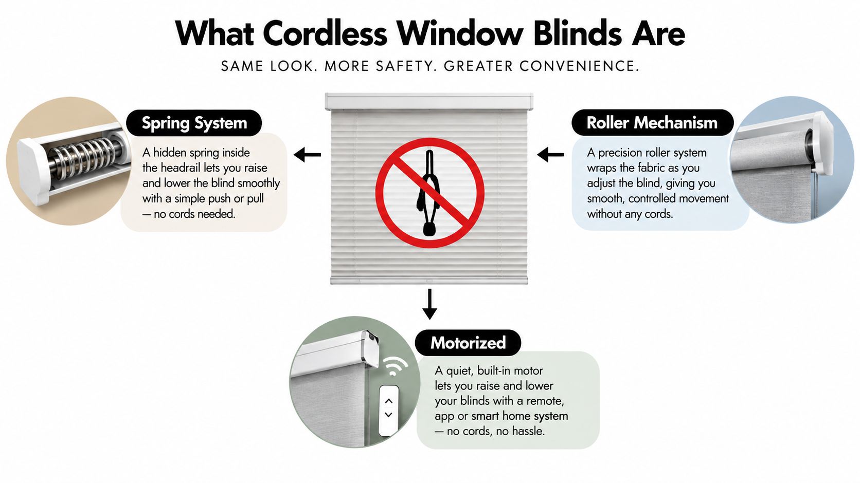 A diagram explaining three types of cordless window blinds: spring system, roller mechanism, and motorized options.