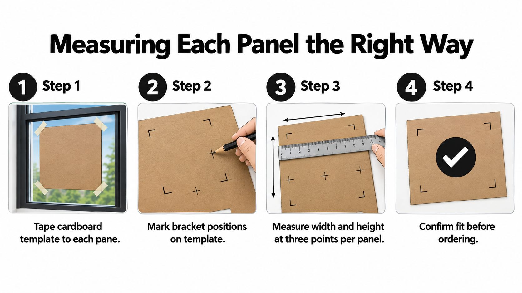 A four-step visual guide showing how to measure window panes using a cardboard template for custom coverings.