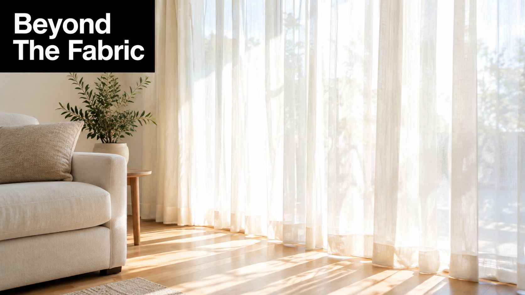 A cozy living room featuring sheer white curtains filtering bright sunlight onto a wooden floor next to sofa.