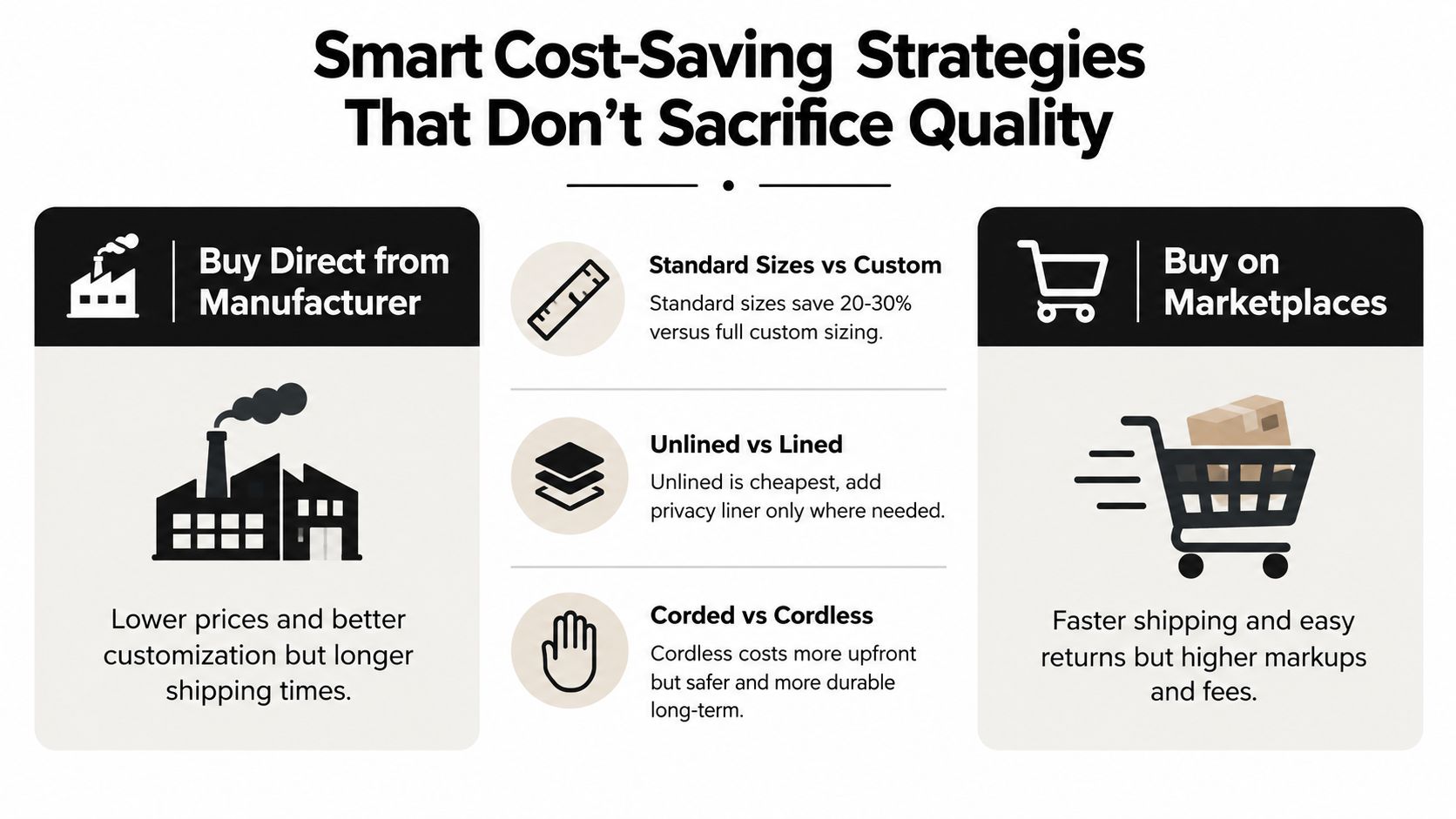 An infographic titled Smart Cost-Saving Strategies That Don't Sacrifice Quality showing comparison tips for buying window treatments.
