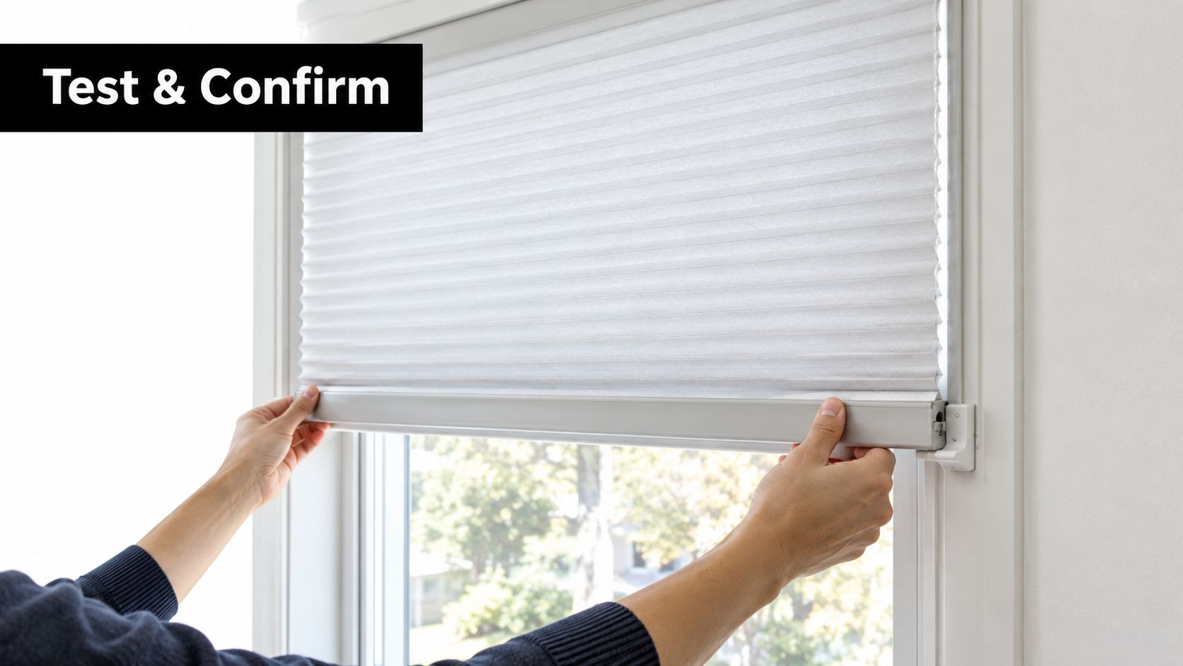 A person testing the movement of white pleated cellular window blinds after installation on a window frame.