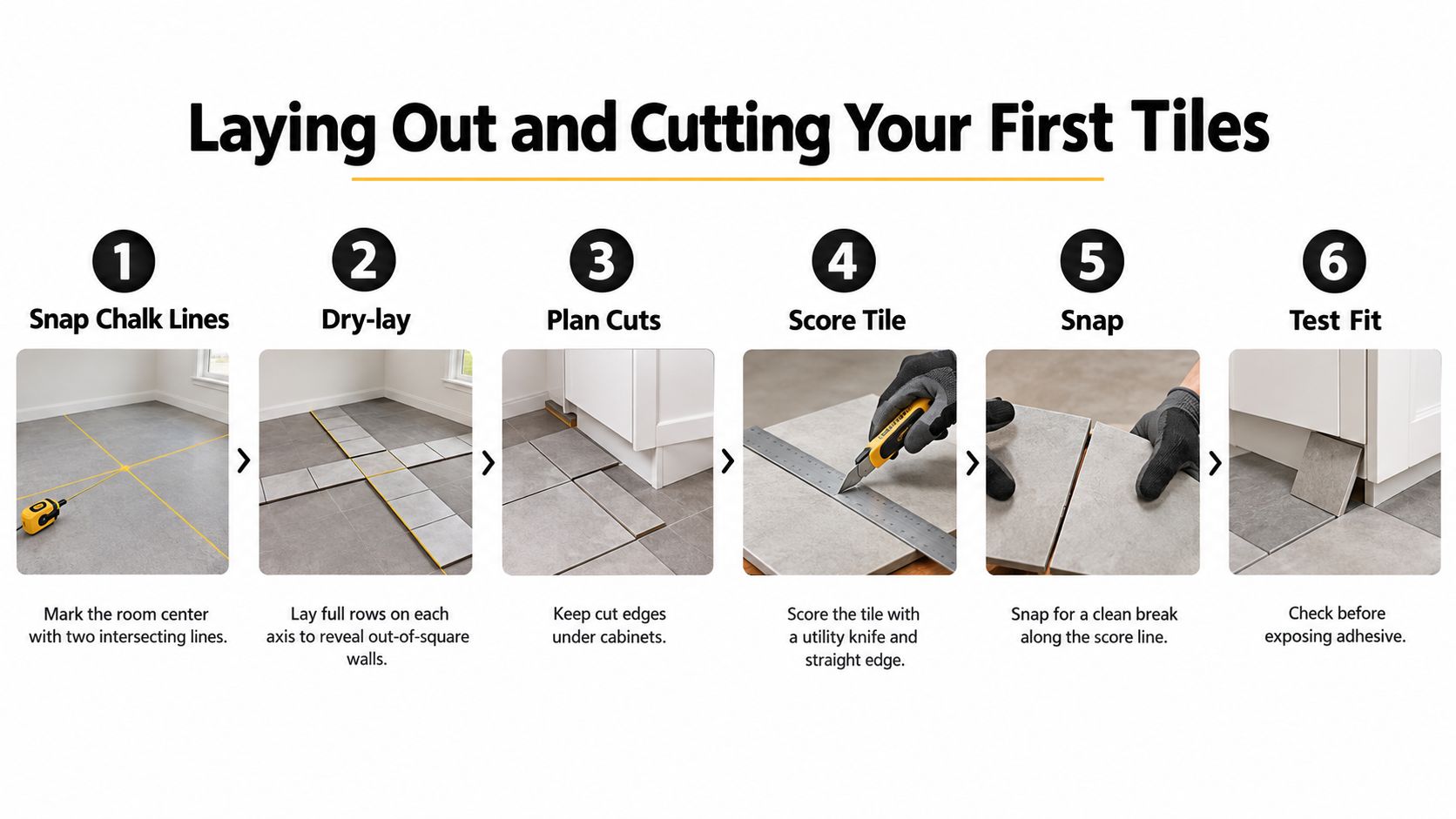 An infographic showing the six step process for laying out and cutting peel and stick floor tiles.