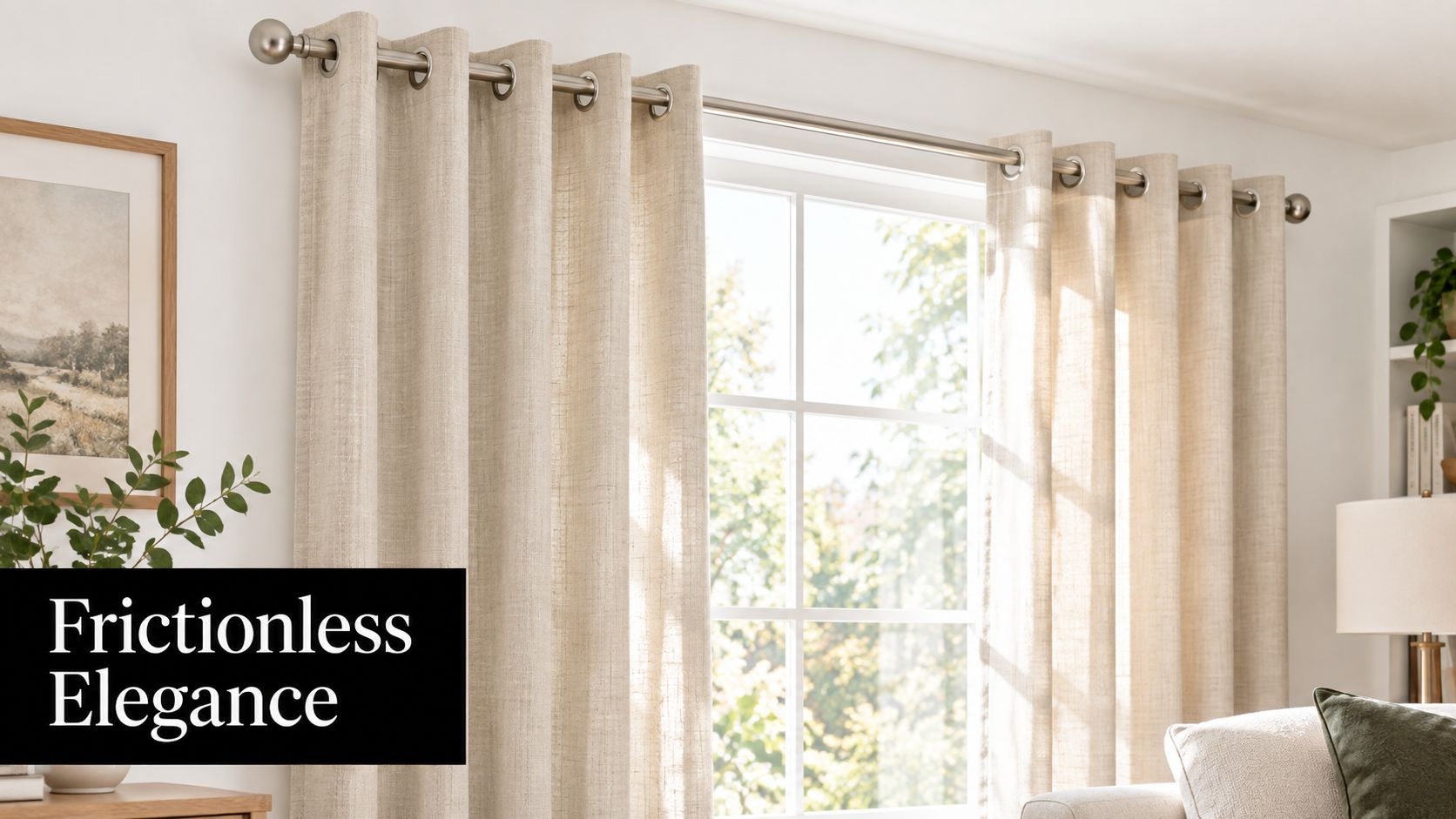 Elegant beige curtains with grommets hanging on a metal rod in a bright, sunlit living room.