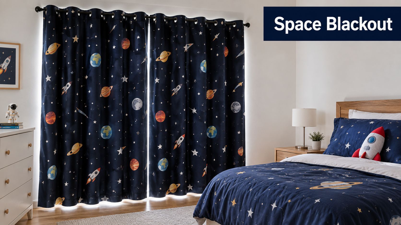 A themed kids bedroom featuring space-patterned curtains with planets, rockets, and stars hanging over a bed.