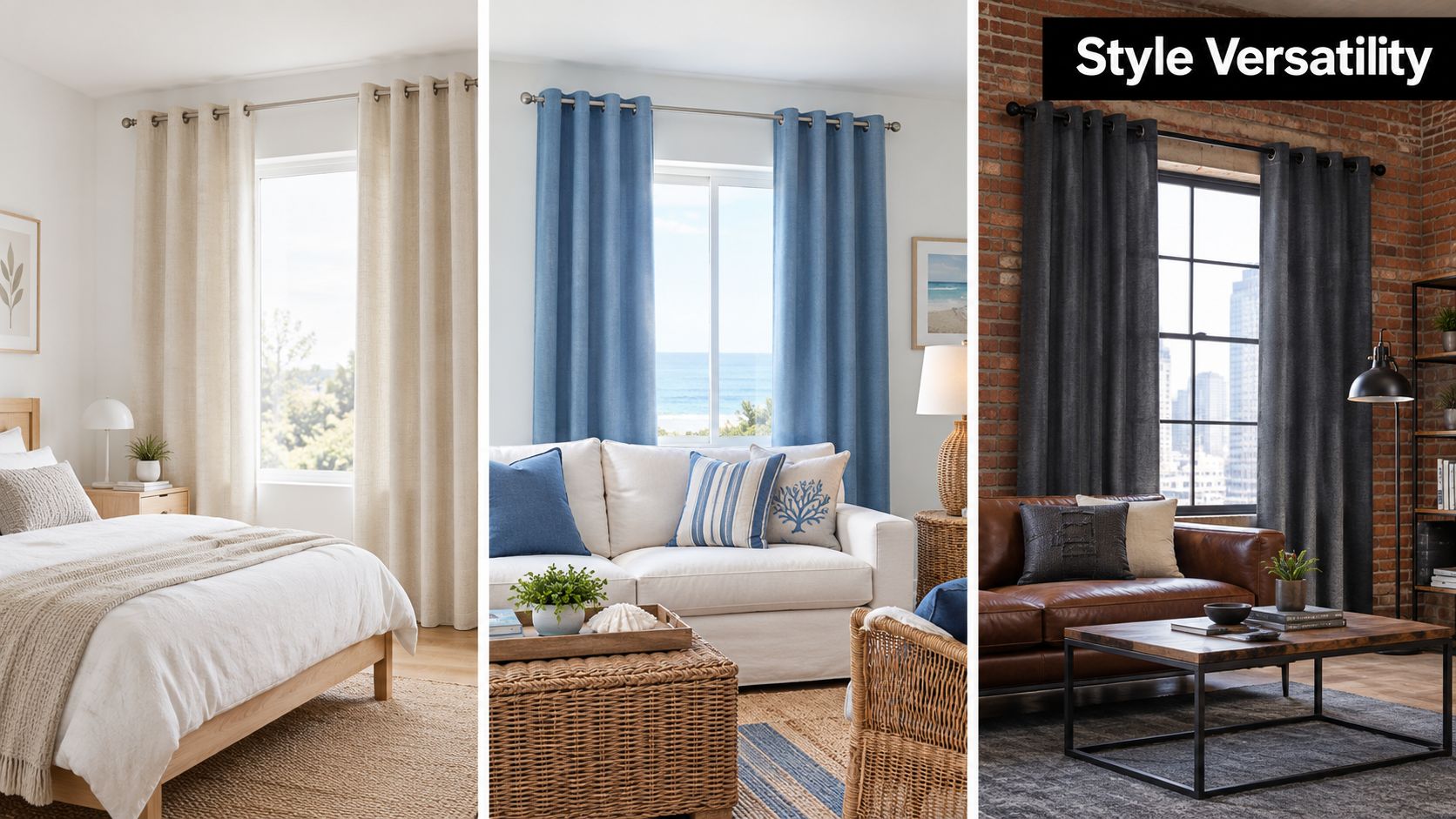 Three different rooms featuring stylish curtains with grommets in beige, blue, and dark gray color schemes.