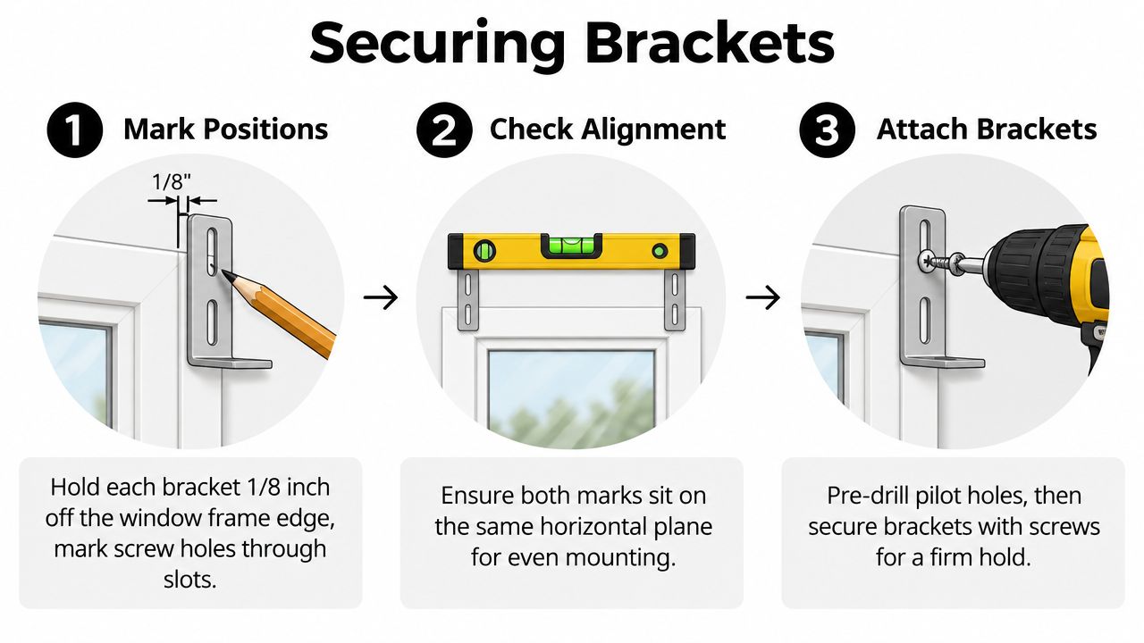 A three-step illustration showing how to mark, align, and attach mounting brackets for window blinds installation.