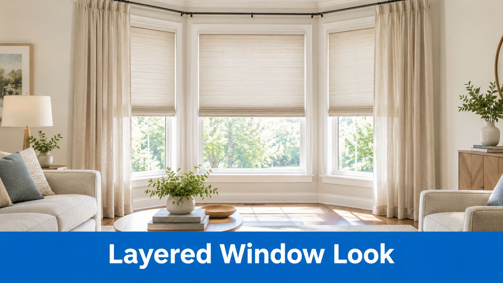 A bright living room featuring a bay window adorned with layered beige curtains and cellular shades.