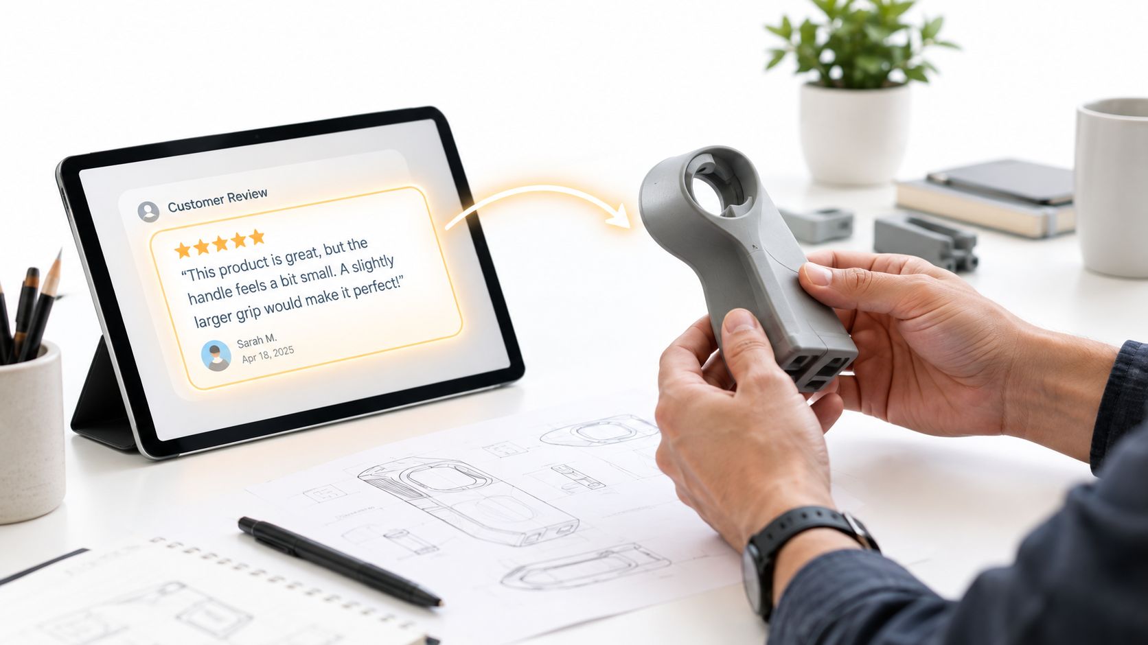 A person reviewing a 3D printed handle model on a desk while reading customer feedback on a tablet.