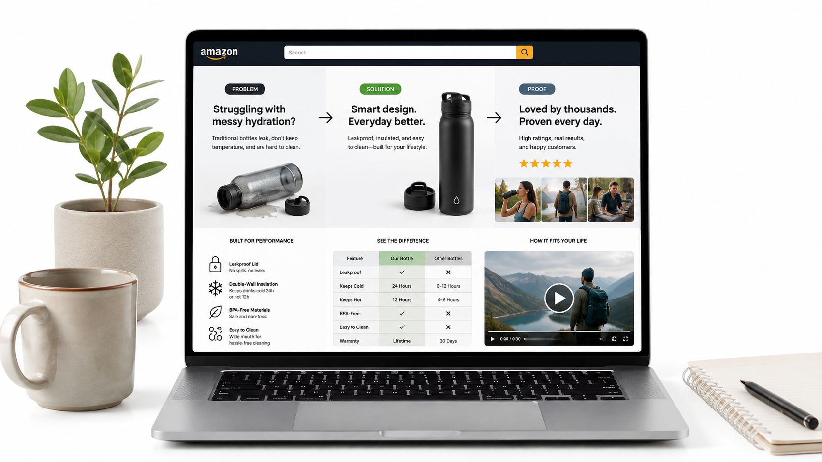 A laptop screen displaying an Amazon product listing infographic for a reusable water bottle, showing features and benefits.