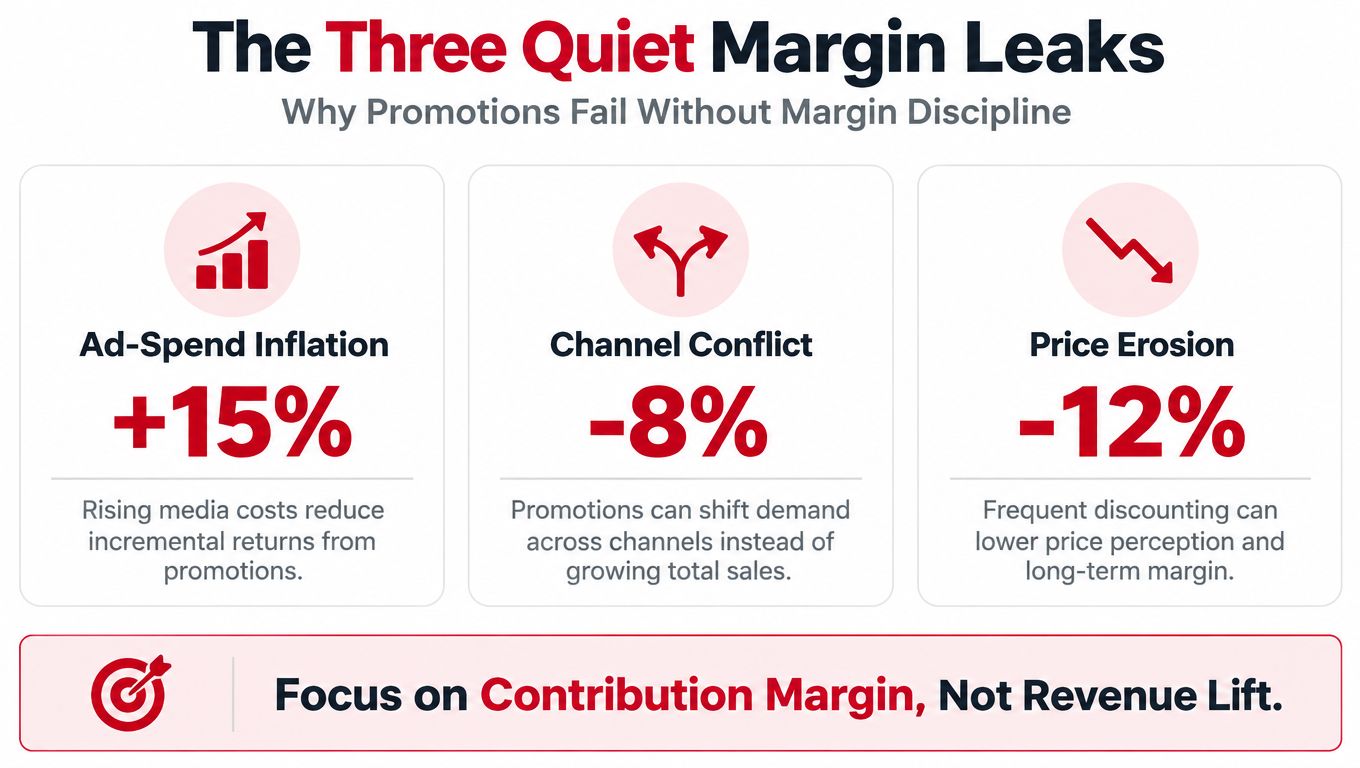 An infographic detailing three silent margin leaks: Ad-Spend Inflation, Channel Conflict, and Price Erosion.