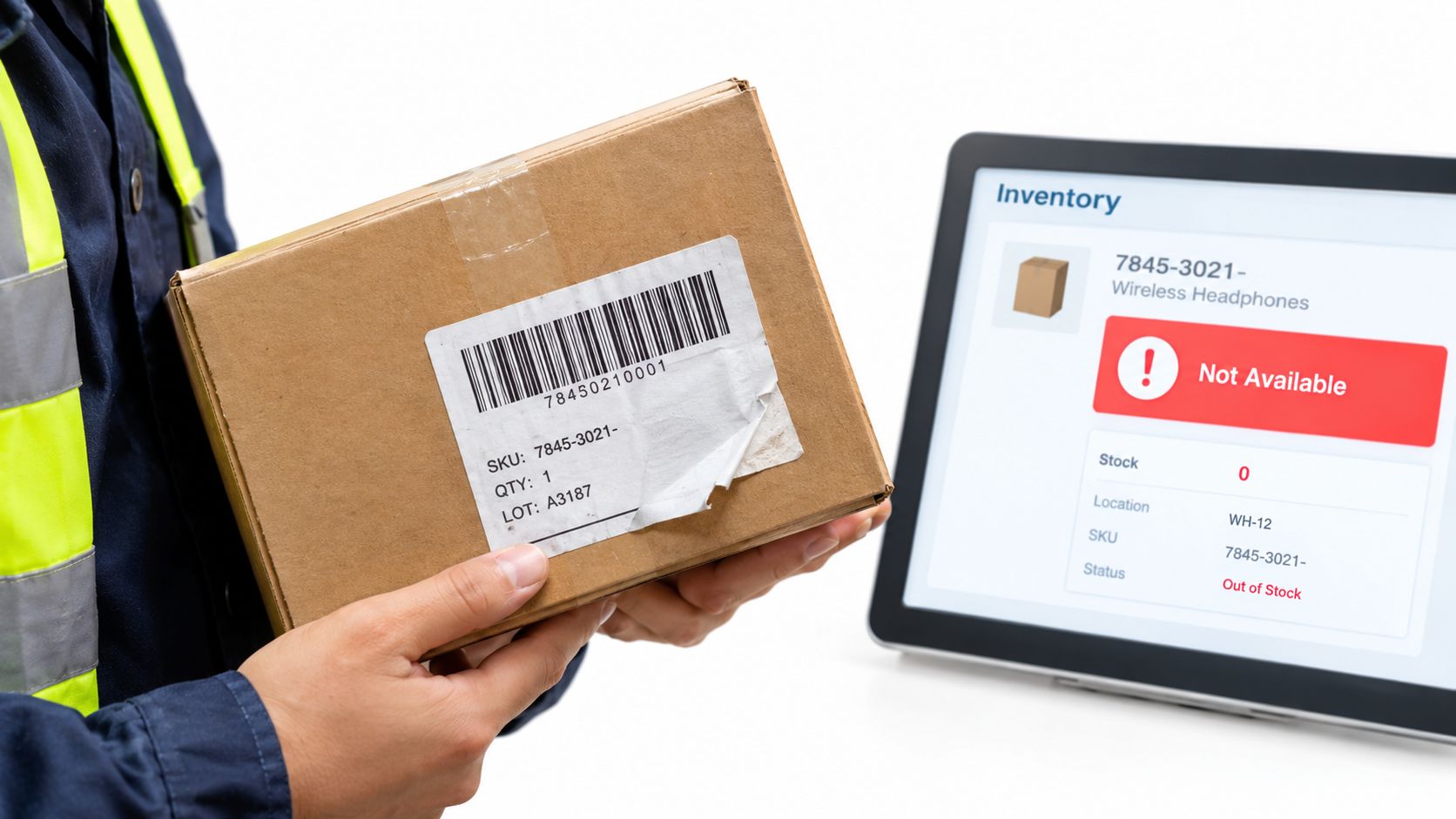A logistics worker holding a cardboard box next to a tablet displaying out of stock inventory status.