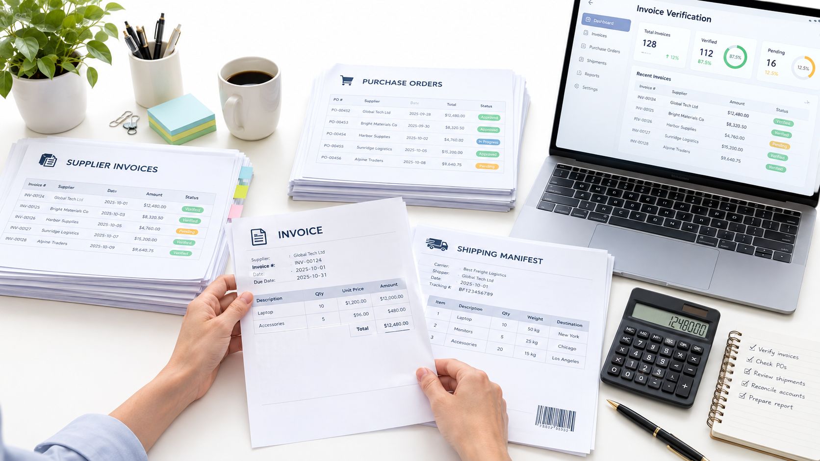 A professional desk workspace with documents, a laptop, and a calculator for invoice and shipment management.