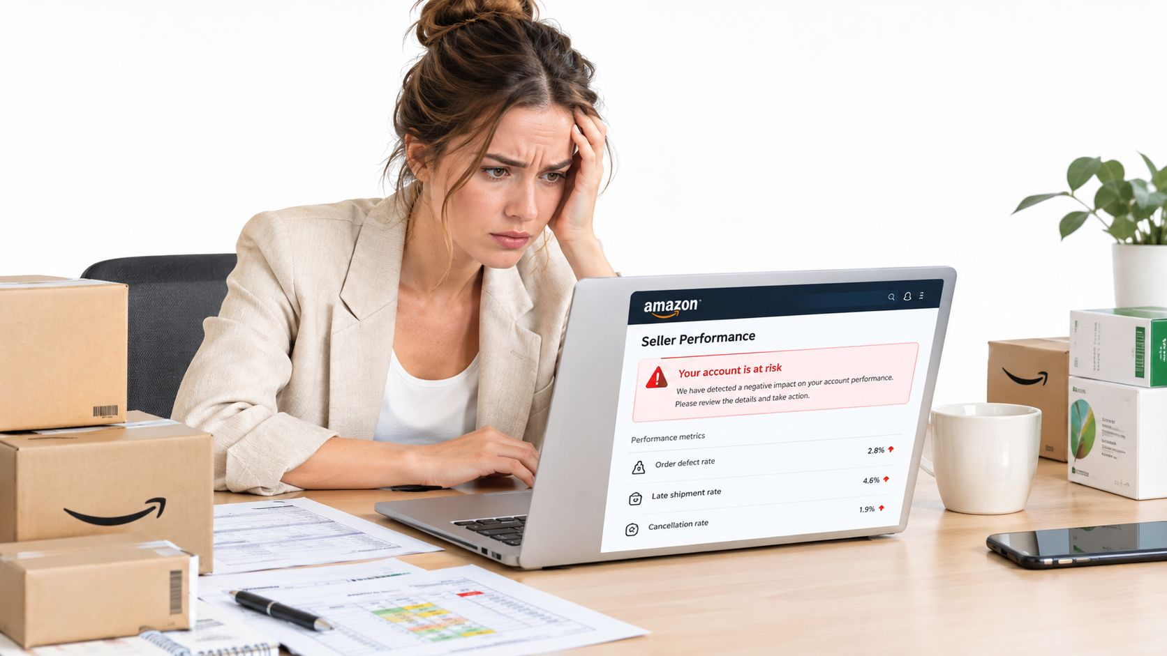 Stressed female e-commerce seller looking at an Amazon seller account at risk notification on her laptop screen.