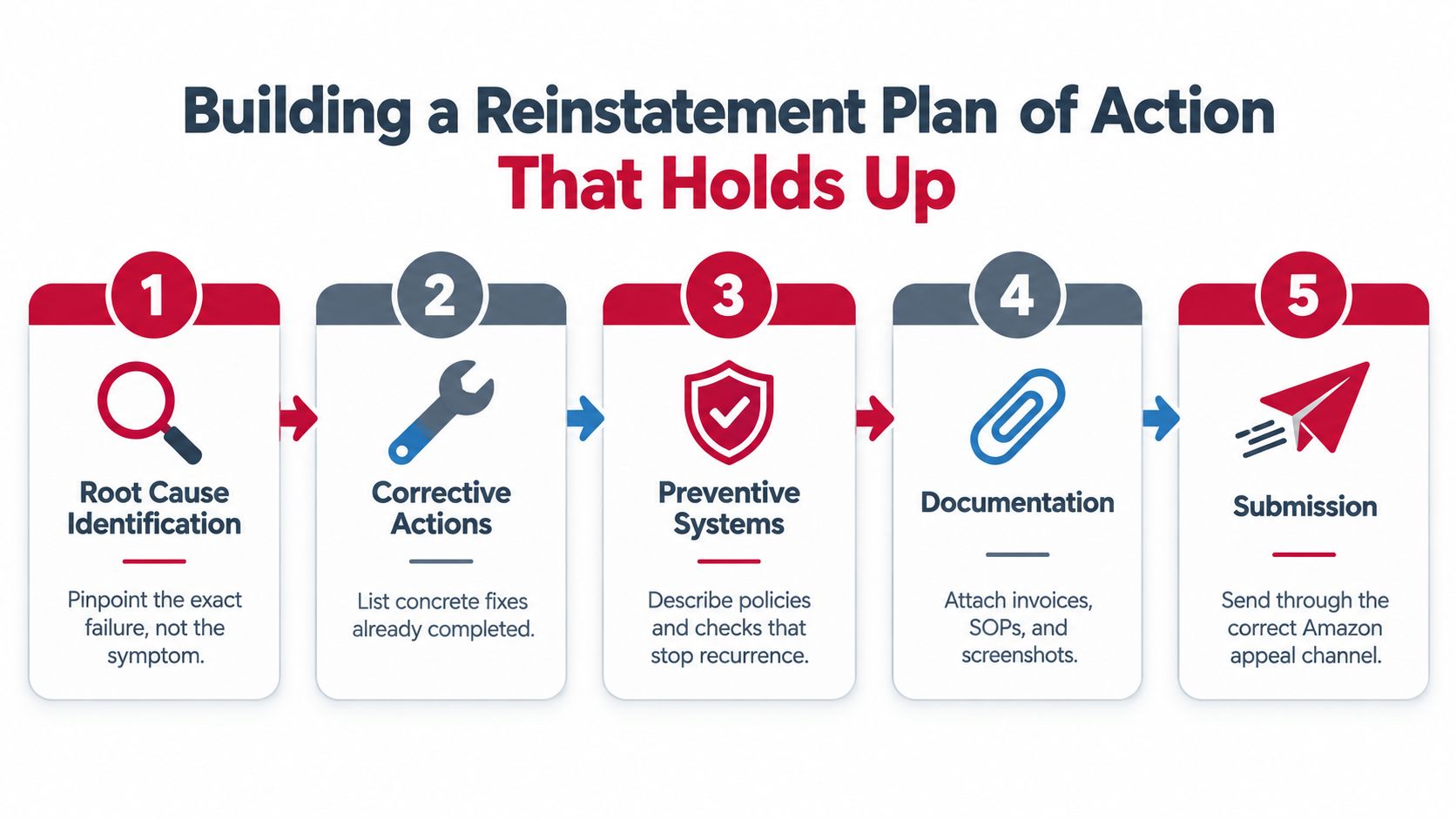 A five-step infographic showing the process for creating an effective Amazon seller account reinstatement plan of action.