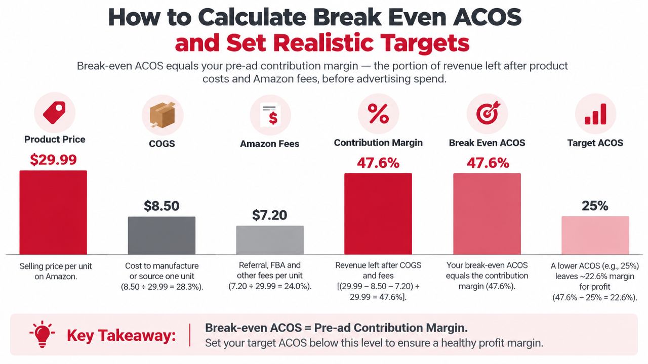 A chart showing how to calculate break even ACOS by subtracting COGS and Amazon fees from revenue.