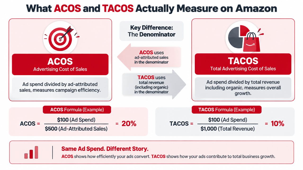 An infographic comparing ACOS and TACOS metrics for Amazon advertising to explain business growth and efficiency.