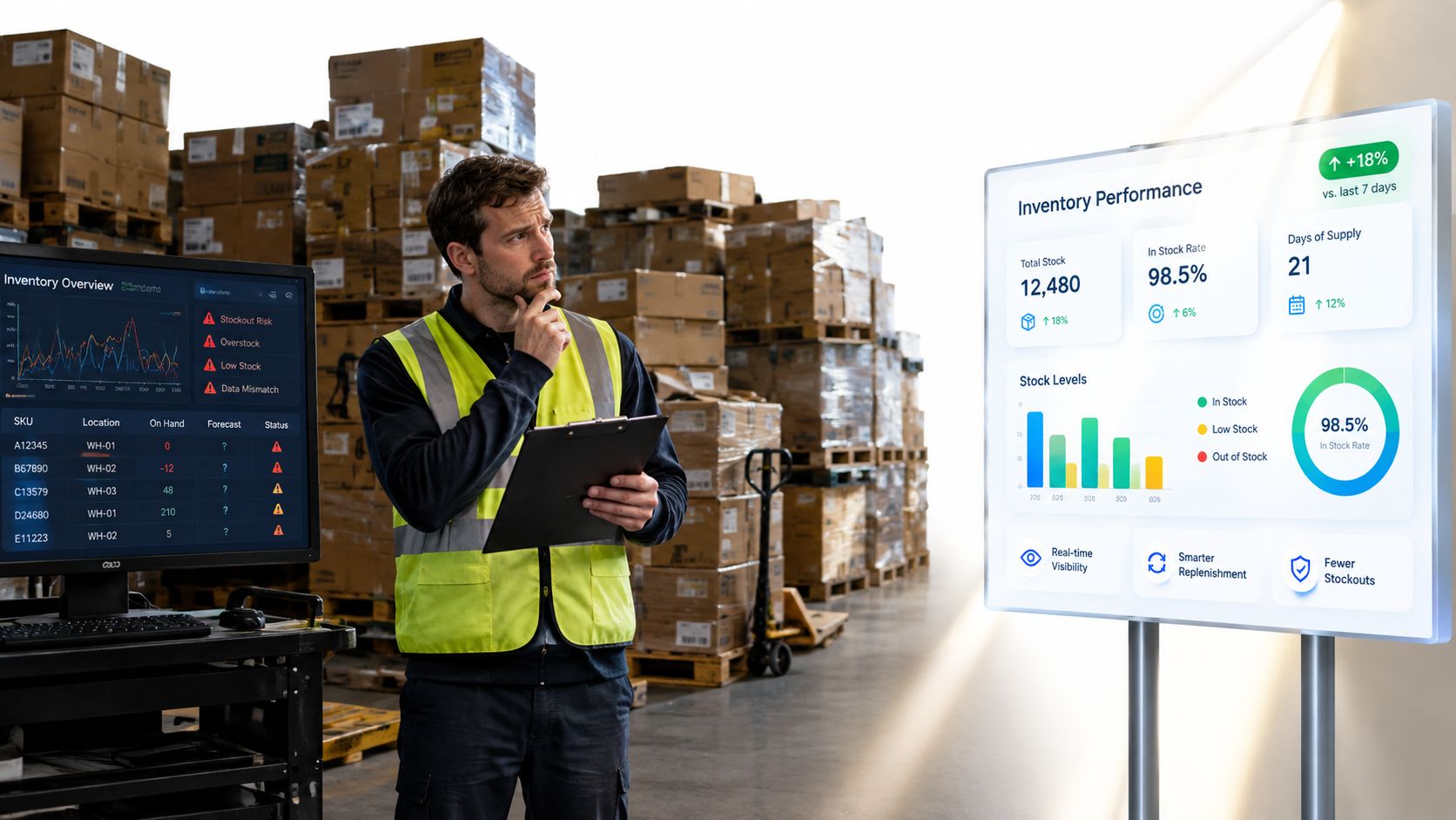 A warehouse manager in a high-visibility vest reviews inventory data on a digital dashboard and monitor.