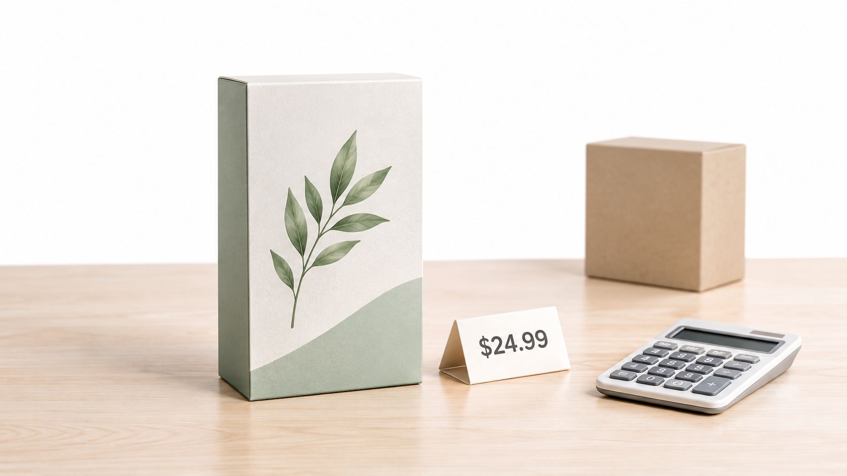 A rectangular product box with a leaf design, a price tag of $24.99, and a calculator on a table.