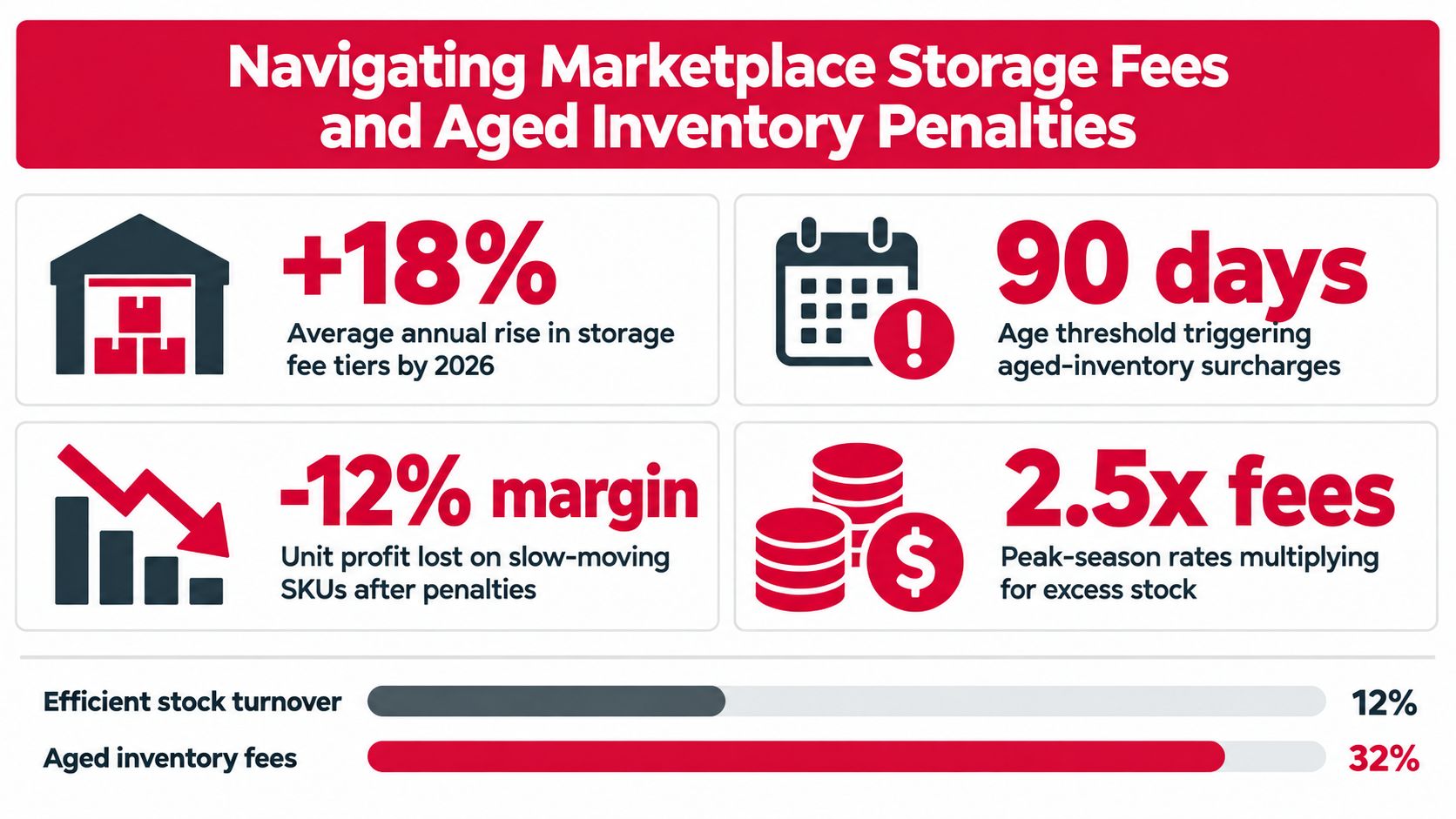 An infographic showing marketplace storage fees, aged inventory penalties, and the financial impact on profit margins.