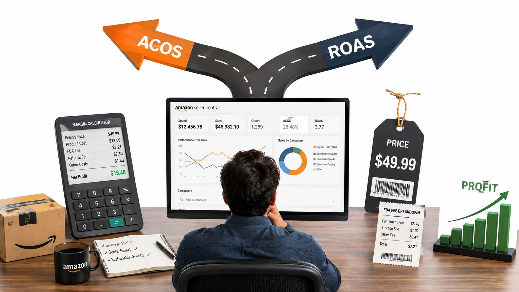 A person analyzes Amazon seller central metrics comparing ACOS and ROAS strategies with financial calculators and profit charts.