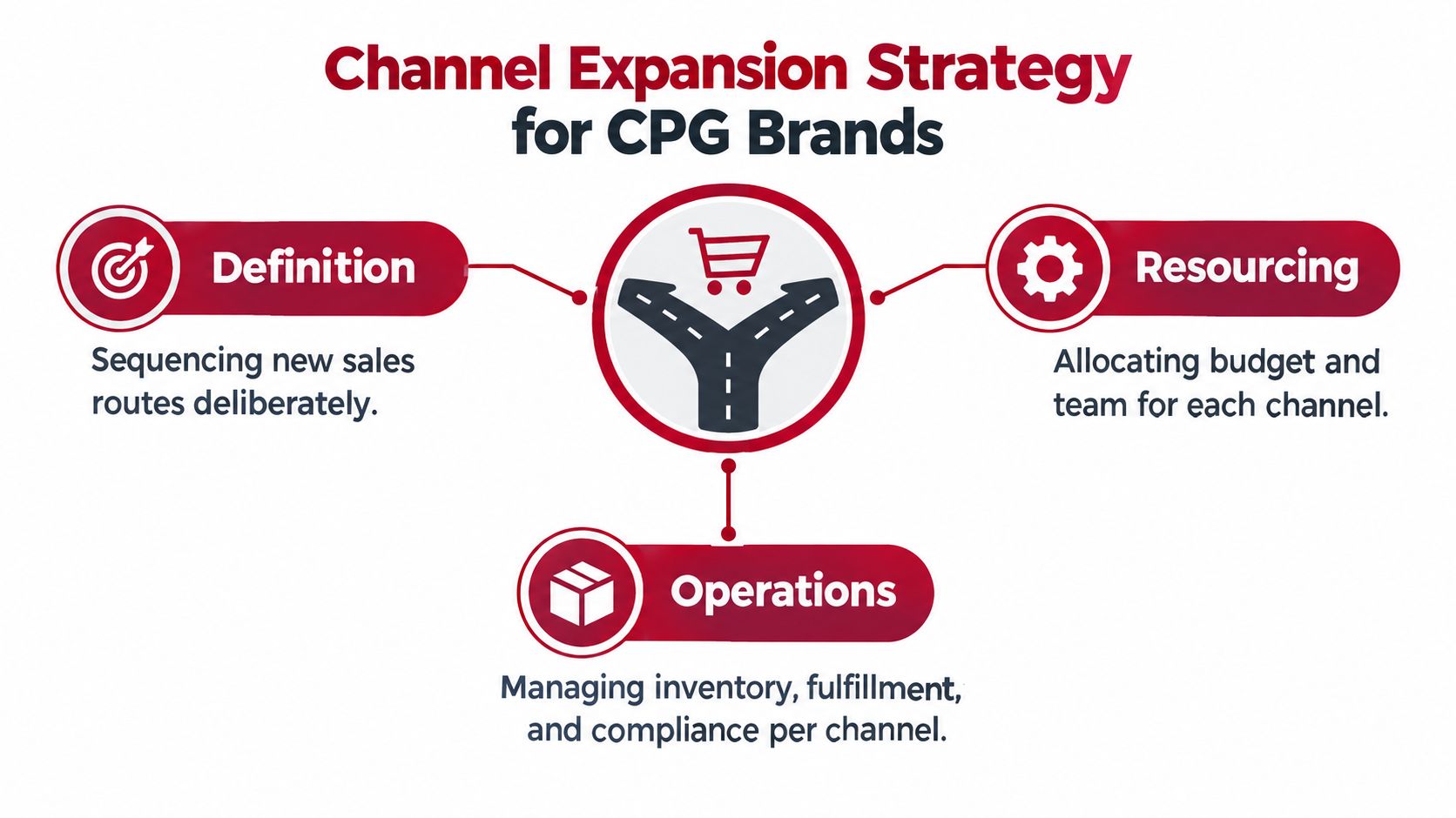 A diagram illustrating a channel expansion strategy for CPG brands, covering definition, resourcing, and operations.