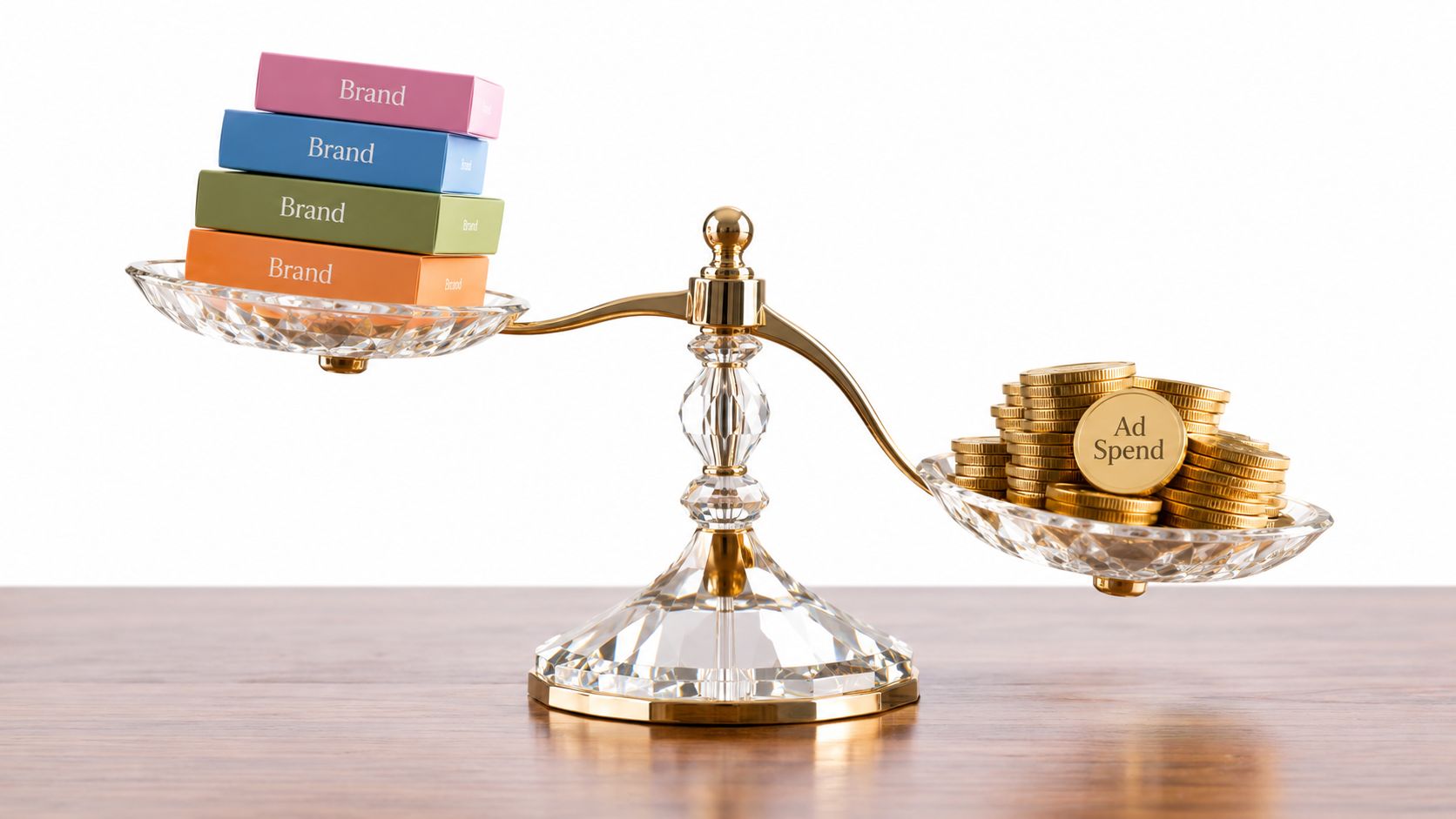 A crystal balance scale comparing stacks of colorful brand boxes against a pile of gold coins labeled Ad Spend.