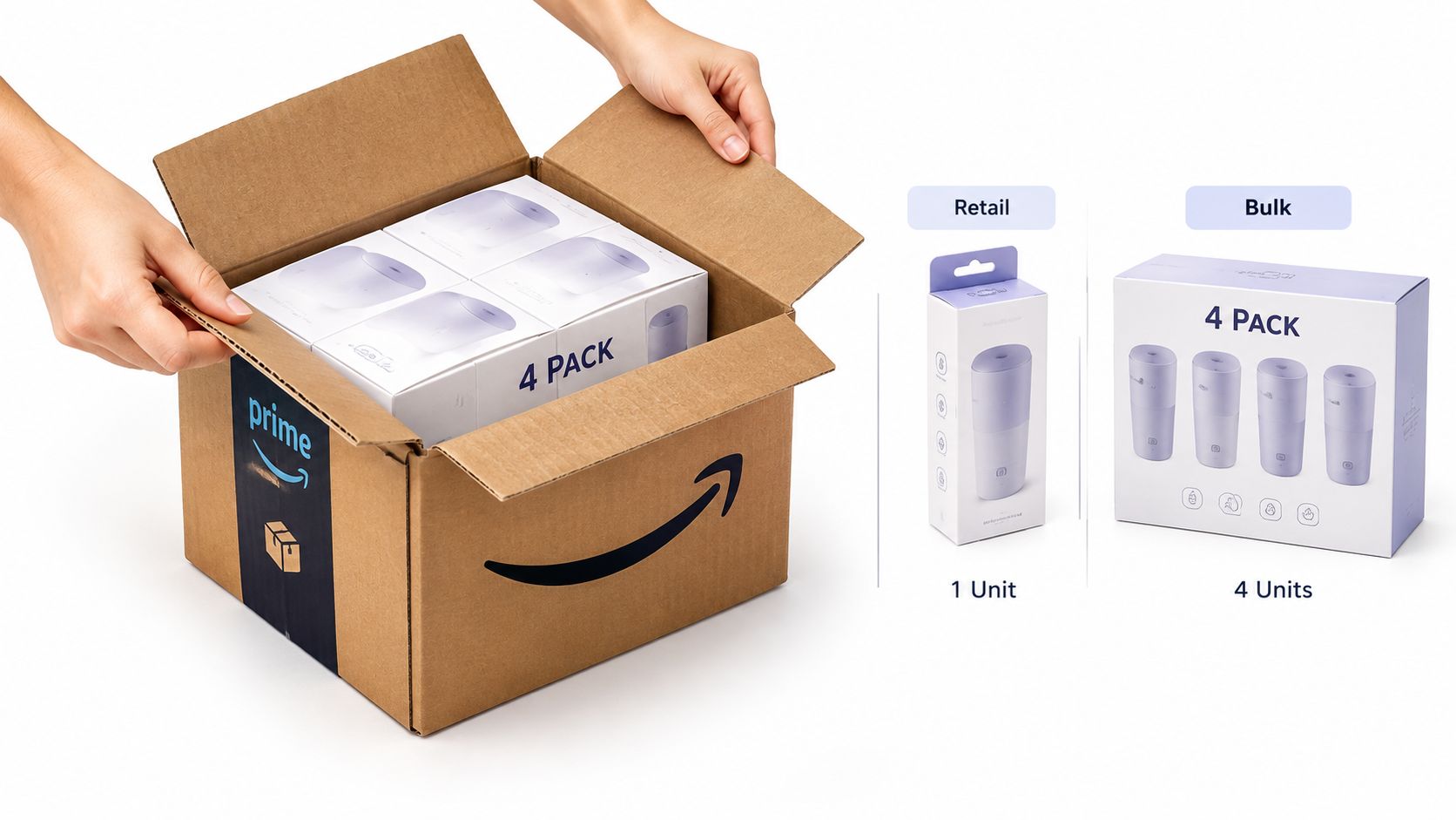 A person packing a 4-pack of small home devices into a cardboard Amazon delivery shipping box.