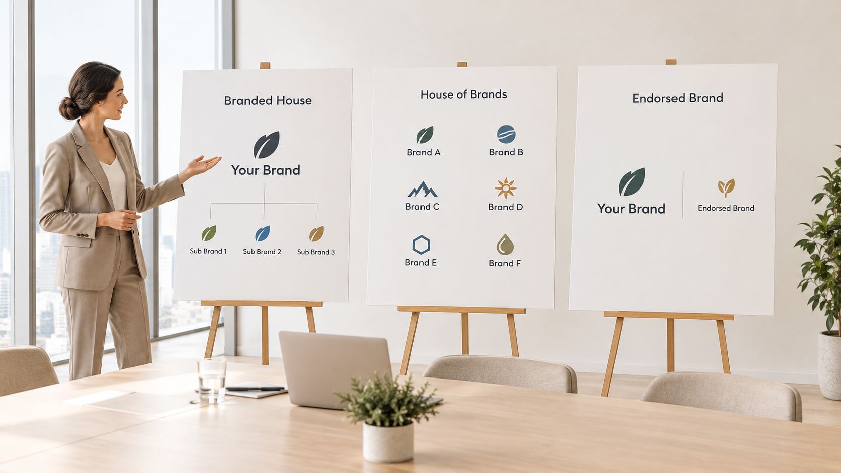 A businesswoman presenting three branding architecture strategies: Branded House, House of Brands, and Endorsed Brand models.