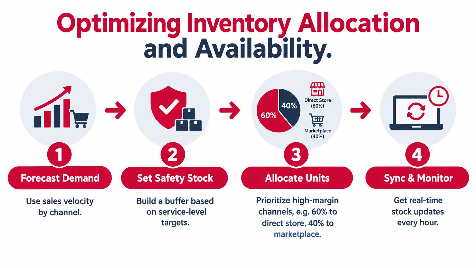 A four-step infographic illustrating the process of optimizing inventory allocation and availability for multi-channel retail businesses.