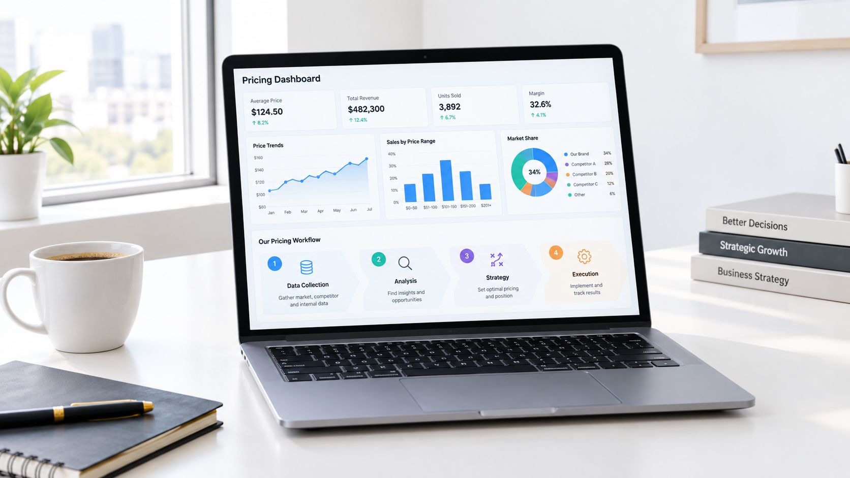 A modern laptop displaying a professional business pricing dashboard on a clean desk workspace.