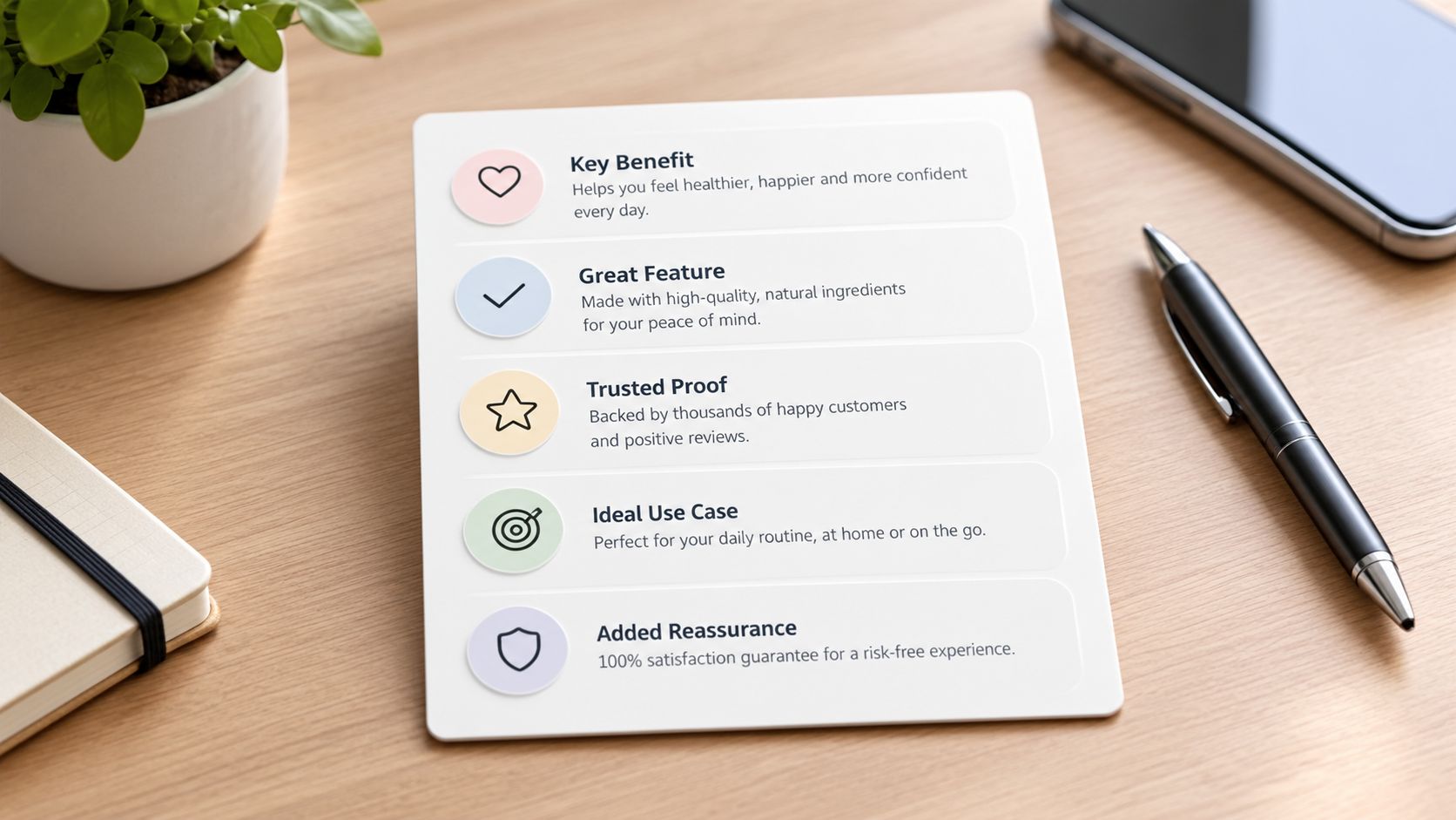 A marketing graphic displaying five key features and benefits for an e-commerce product listing on a desk.