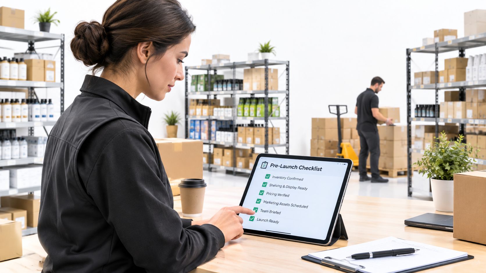 A warehouse manager checking a digital pre-launch checklist on a tablet while an employee works in the background.
