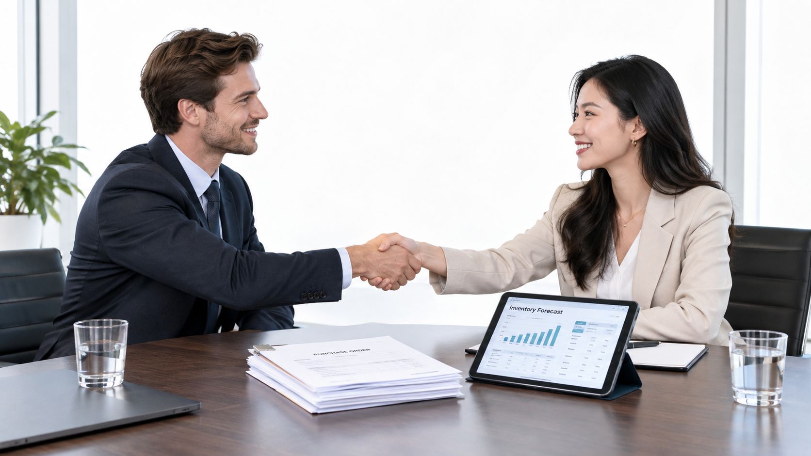 A professional man and woman shaking hands over a table with a laptop, tablet, and purchase order.