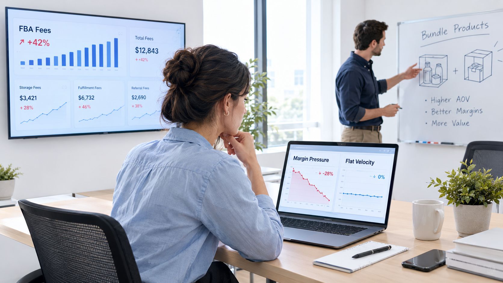 A professional woman analyzes business data while a man presents product bundling strategies on a whiteboard.