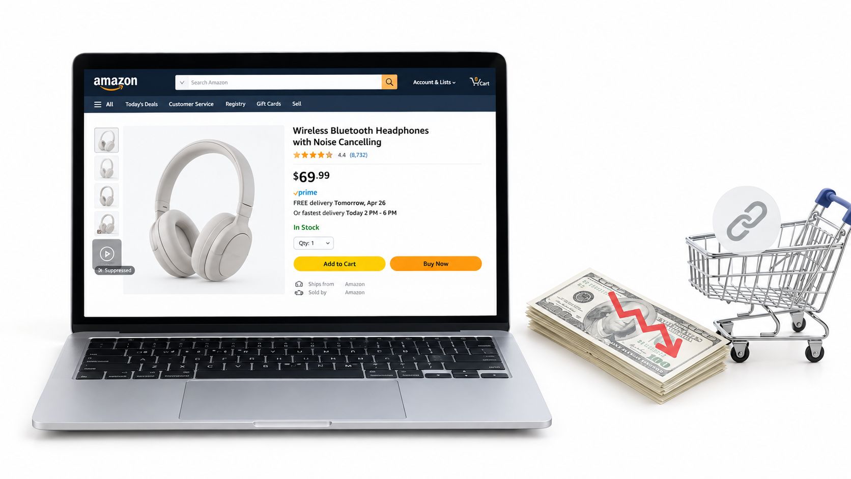 A laptop displaying an Amazon product page for wireless headphones, with a stack of money and a shopping cart.
