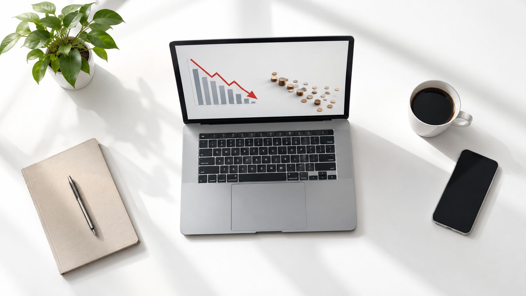 A modern workspace with a laptop displaying a financial decline chart, coffee, and a notebook on a desk.