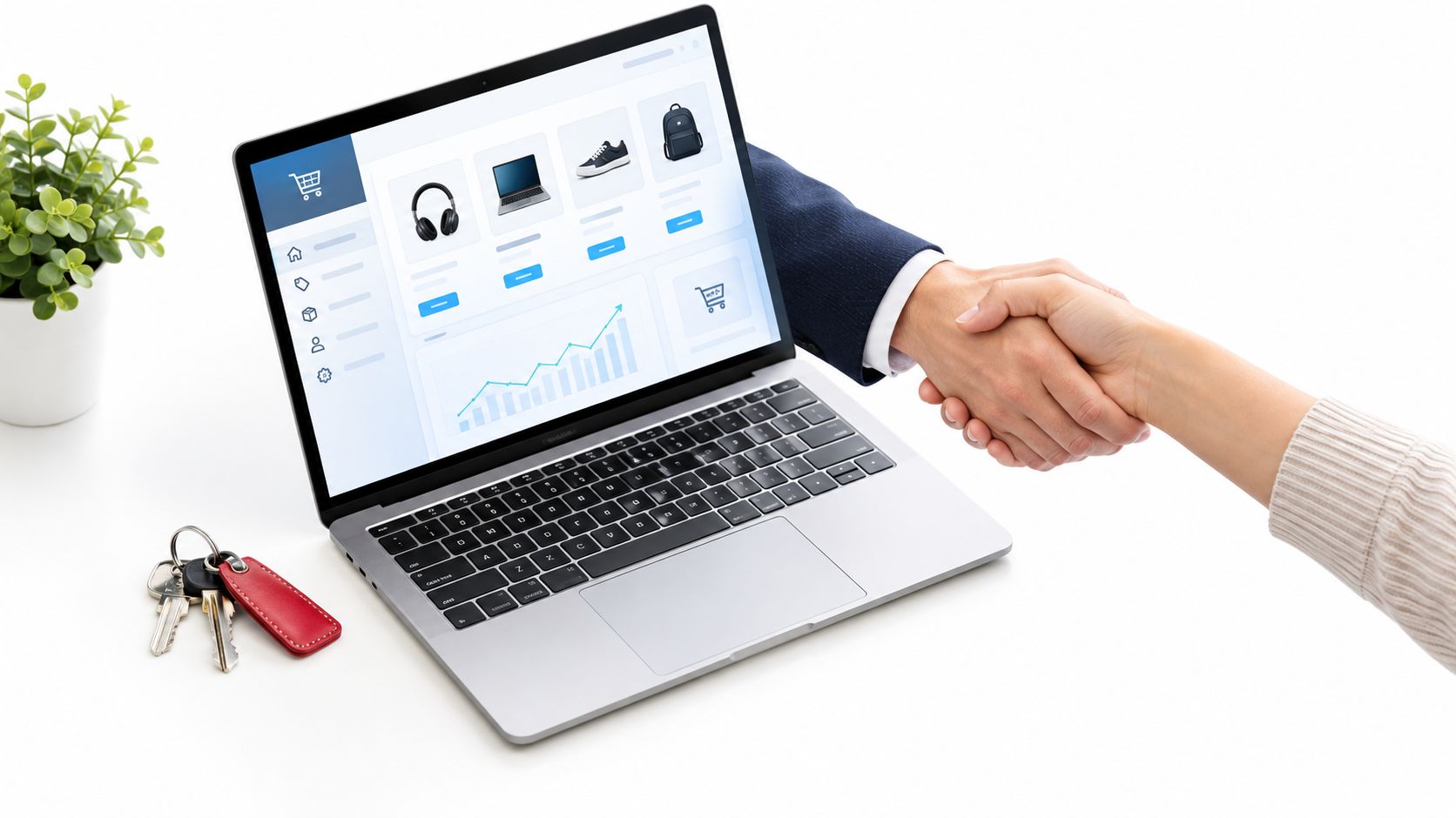 A professional handshake over a laptop screen displaying e-commerce sales analytics and product listings on a desk.