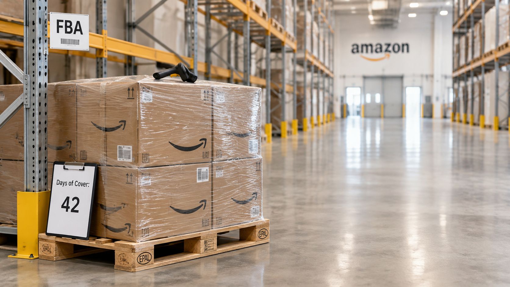 A wooden pallet of Amazon boxes wrapped in plastic inside a large industrial warehouse facility.