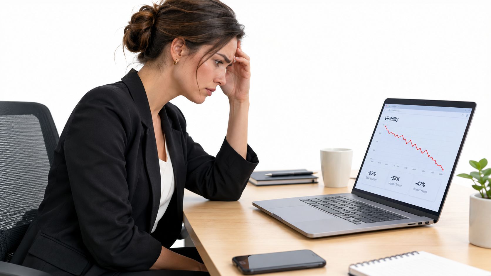 A professional woman looking stressed while reviewing declining business metrics and data analytics on her laptop screen.