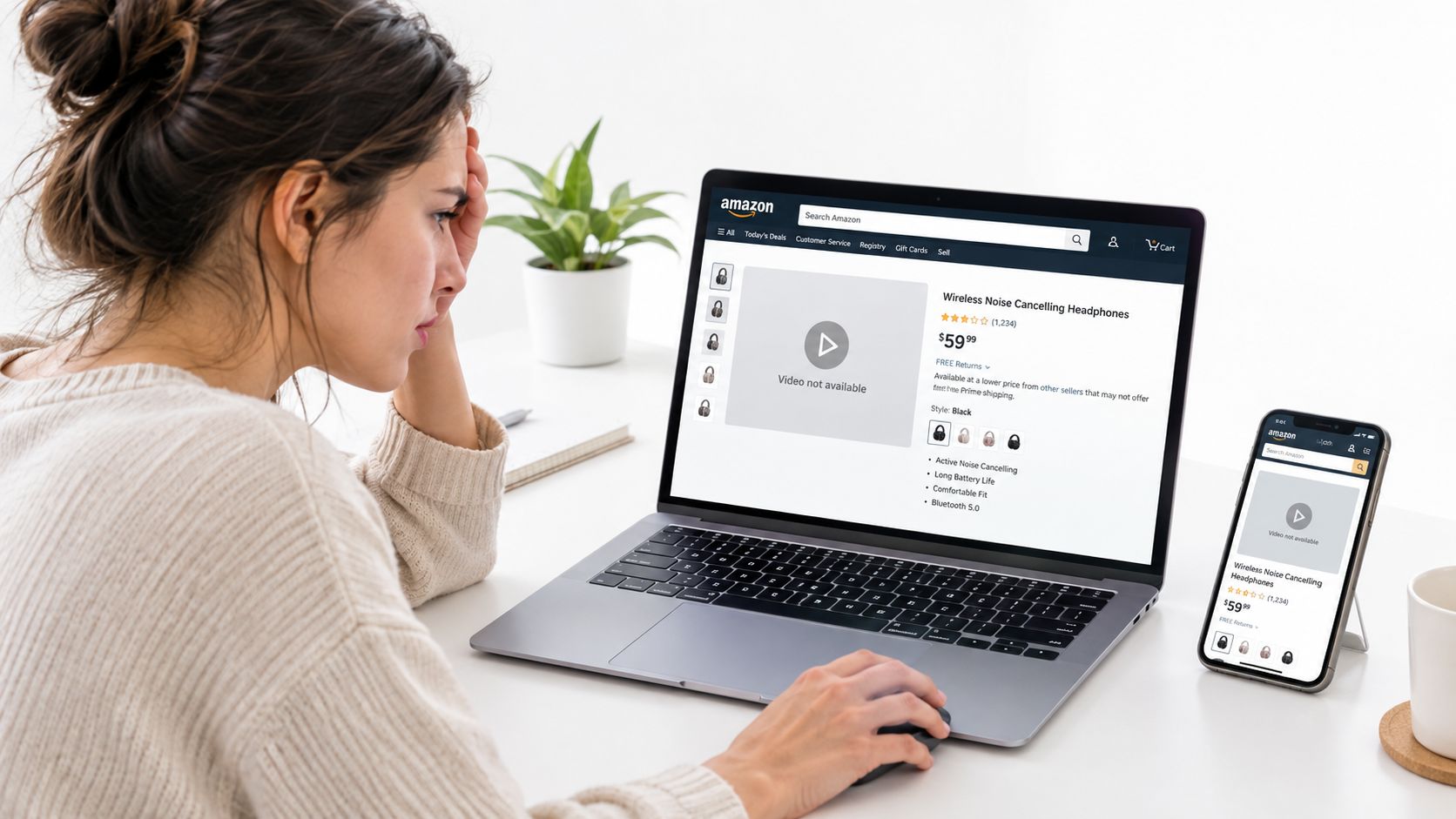 A woman looks stressed while browsing an Amazon product page with a missing video on her laptop.