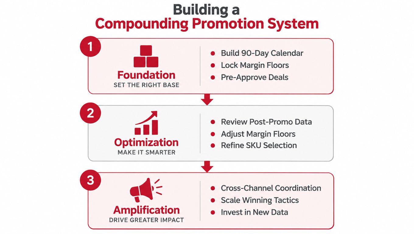 A flowchart showing three steps to build a compounding promotion system: foundation, optimization, and amplification.