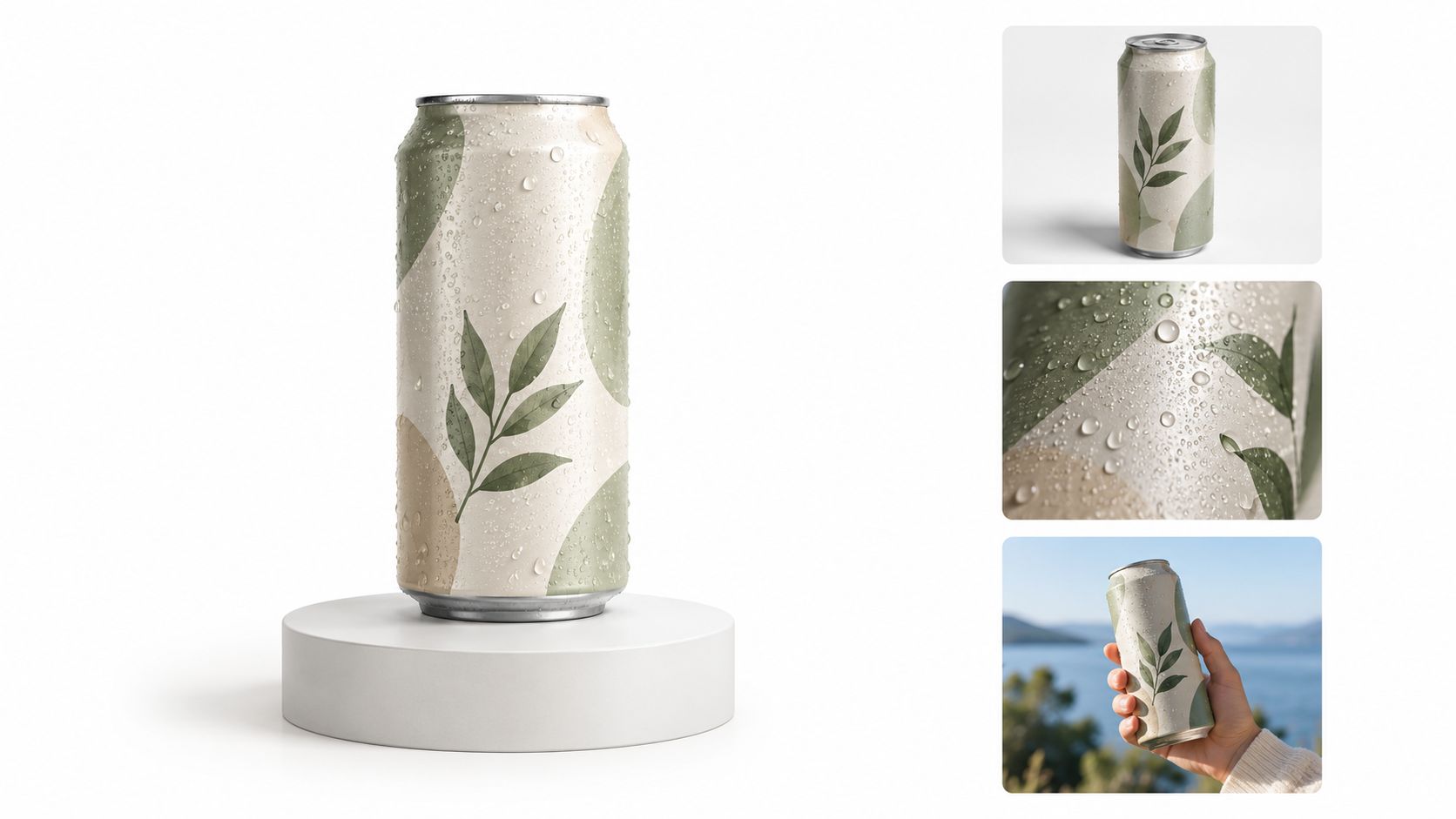 A product mockup featuring a beverage can with a botanical design, displayed on a circular white pedestal.