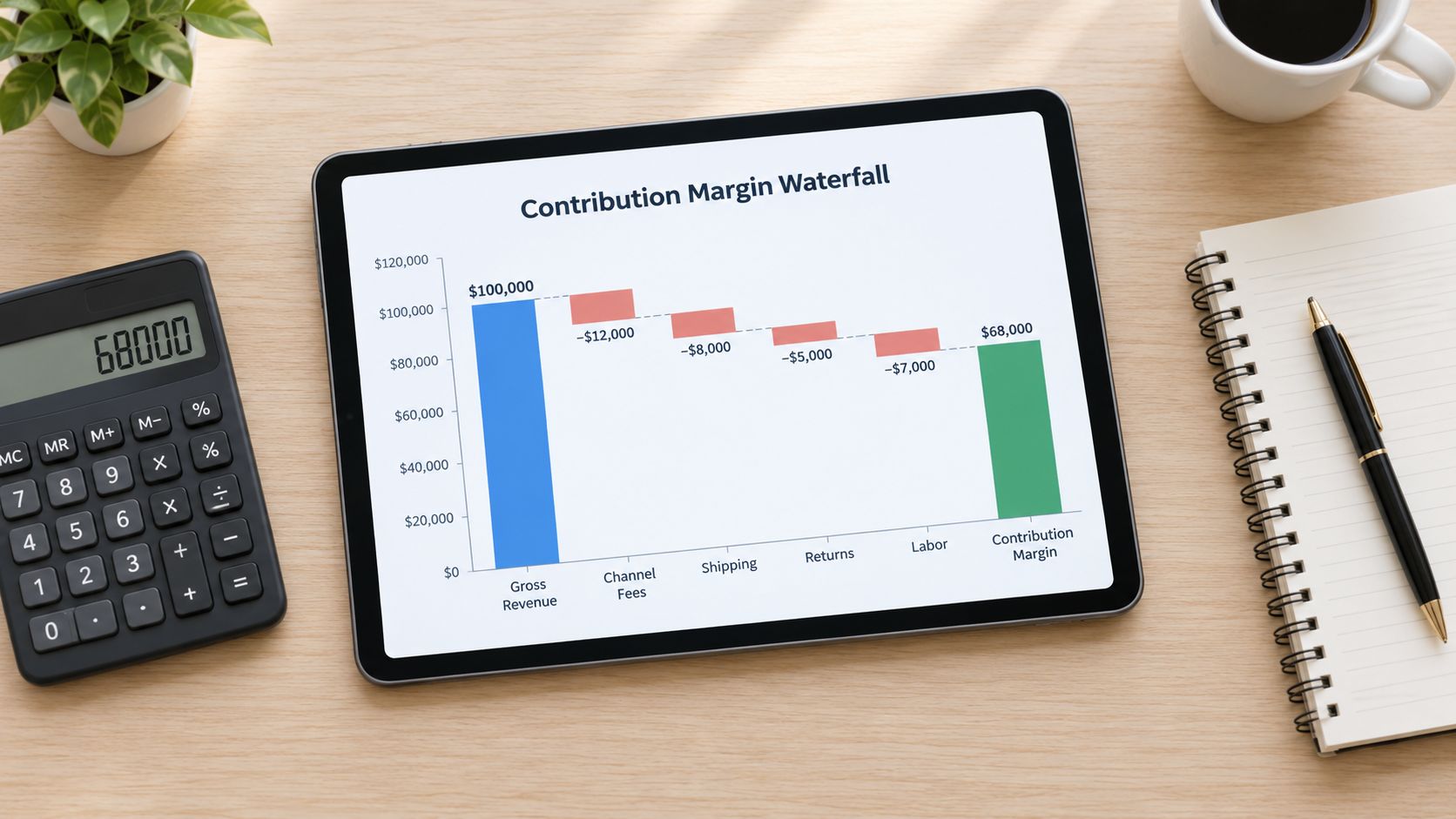 A digital tablet displaying a contribution margin waterfall chart on a desk with a calculator and notebook.